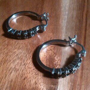 Thai Black Spinel Stainless Steel Hoop Earrings